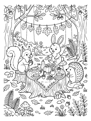 A squirrel, bunny, and hedgehog share a harvest feast with fruits and vegetables on a tree stump in a forest.